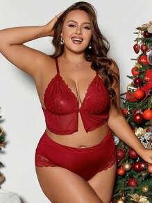 Conjunto de pijama de encaje y malla sexy para mujer de talla grande para Navidad