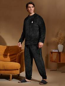 男士舒适柔软雪人刺绣毛绒毛衣和裤子睡衣套装，秋冬 - 黑色 - 查看 4