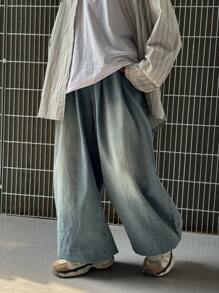 SHEIN 青少年男孩时尚休闲复古蓝色牛仔宽松舒适灯笼牛仔裤，适合日常穿着的男孩服装和秋冬儿童服装 - 藍色 - 查看 4