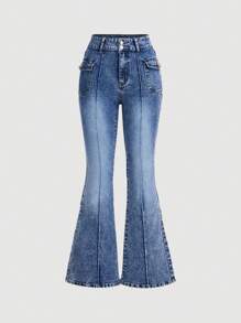 SHEIN MOD Quần Jeans Ống Loe Co Giãn Thường Ngày Cho Nữ, Màu Xanh - Rửa tối - Xem 1