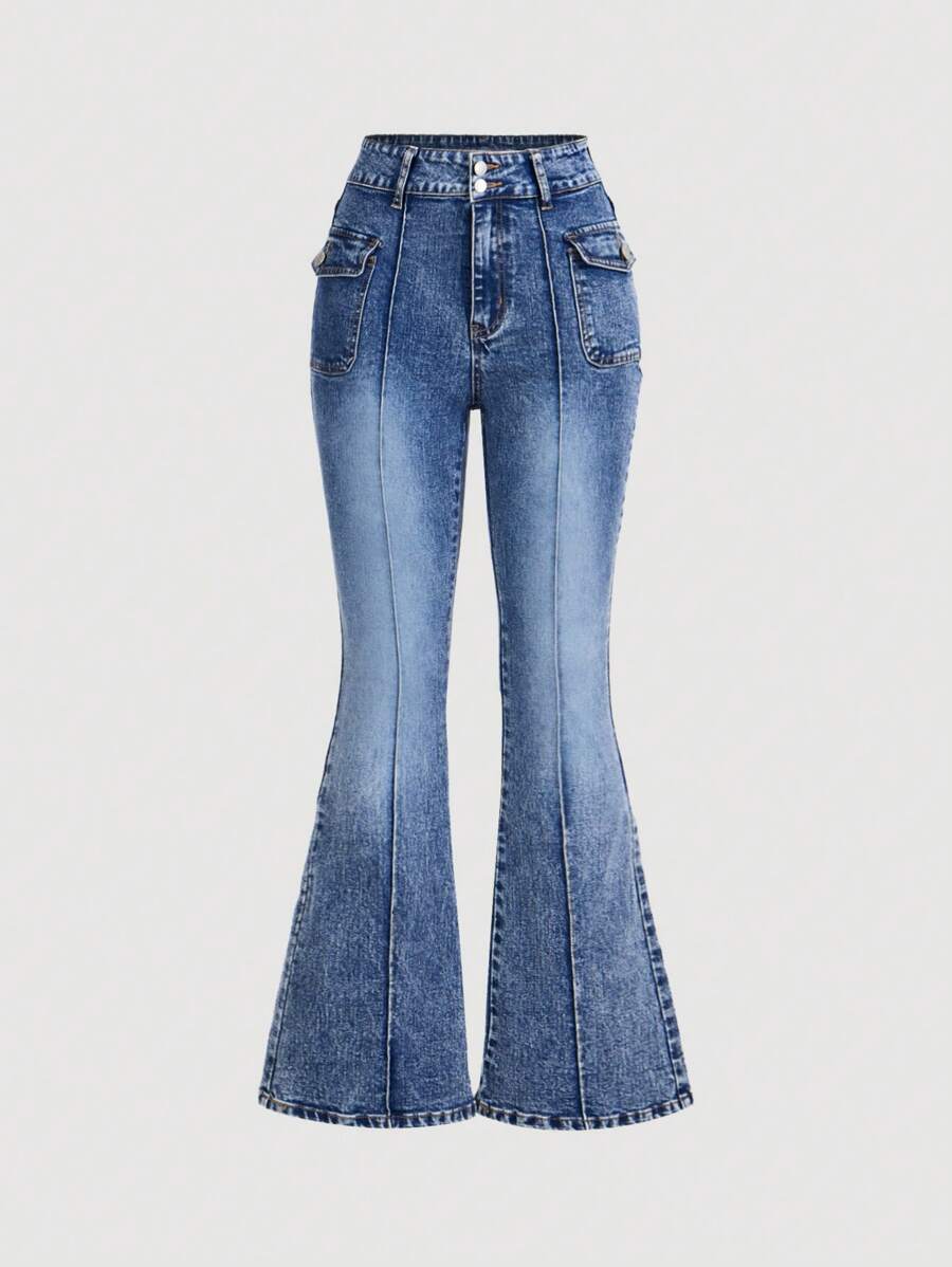 SHEIN MOD Quần Jeans Ống Loe Co Giãn Thường Ngày Cho Nữ, Màu Xanh - Rửa tối - Xem 1
