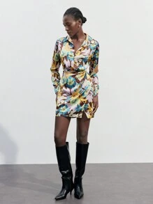 Maija 1pc Women Floral Print Long Sleeve Ruched Elegant Stylish Mini Dress - Coffee Brown - View 5