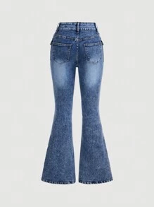 SHEIN MOD Quần Jeans Ống Loe Co Giãn Thường Ngày Cho Nữ, Màu Xanh - Rửa tối - Xem 2