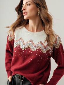 Anewsta Casual Minimalist Colorful Sequin Design Crew Neck Sweater For New Year Knit Pullover Fall Winter - Red - View 2
