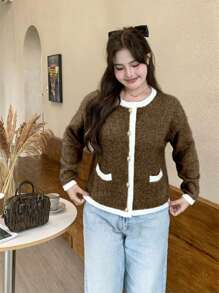 SHEIN LUNE Suéter casual de manga larga con bolsillo delantero y abotonado en bloques de color talla grande