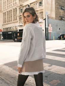 SHEIN EZwear 女士休闲宽领扭绳针织毛衣，秋冬 - 卡其色 - 查看 4