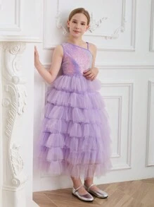 SHEIN Girls Elegant Luxurious Lavender Sleeveless Multi-Layer Tulle Midi Dress, Suitable For Evening, Party, Wedding, Birthday, Holiday, Christmas, Halloween