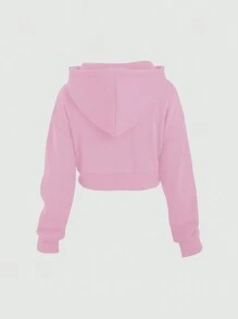 SHEIN Unity 休闲纯色抓绒连帽短款卫衣，秋冬季长袖上衣，毕业季、教师节、返校季套头衫 - 粉色 - 查看 2
