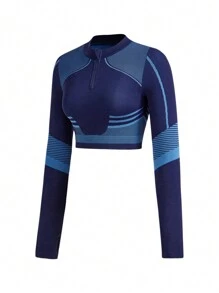 Innovista 女士紧身无缝3D立体线条动态纹理高弹运动卫衣，秋季卫衣，瑜伽健身服，外出上衣，运动上衣，长袖卫衣，秋季女装，户外，滑雪卫衣，秋冬女装，Core Motion秋季新款女式实用时尚，秋冬运动服，条纹设计 - 藍色 - 查看 12