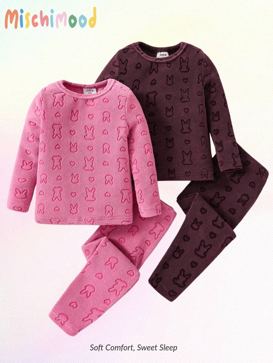 2pcs Baby Girls' Minimalist Rabbit Pattern Comfy Warm Home Pajama Outfit Set, Solid Coffee & Pink - Multicolor - View 1