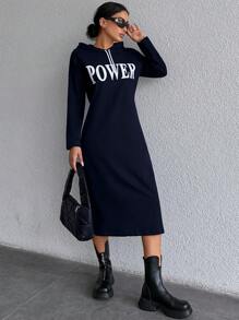 EURMUSE 100%Cotton Letter Print Hoodie Loose Dress - Navy Blue - View 3