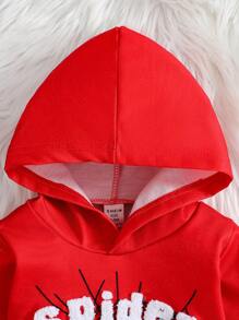 Ensemble de Sweat-shirt à capuche et pantalon pour bébé garçon, automne et hiver, design brodé de toile d'araignée et de lettre, décontracté, beau et mignon - Rouge - Voir 4