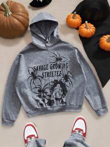 Manfinity NXTstreet Sudadera de cuello redondo holgada de manga larga con estampado para hombres, para otoño e invierno - Gris Oscuro - Ver 1
