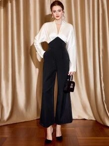 Vintamour Mono vintage elegante de mujer con cuello en V, manga larga, fruncido, empalme de color y satén, mono casual suelto de pierna para trabajo y vacaciones, ropa de invierno para mujer, conjunto de mujer, atuendo de Acción de Gracias, atuendo de invierno, ropa de Navidad, vestido de manga larga para fiesta de Navidad, vestido de Navidad, ropa de Navidad, ropa de iglesia para mujer, mono de mujer, vestido de Nochevieja, vestido de Acción de Gracias, vestido de vacaciones, vestido de invierno - Blanco y Negro - Ver 3