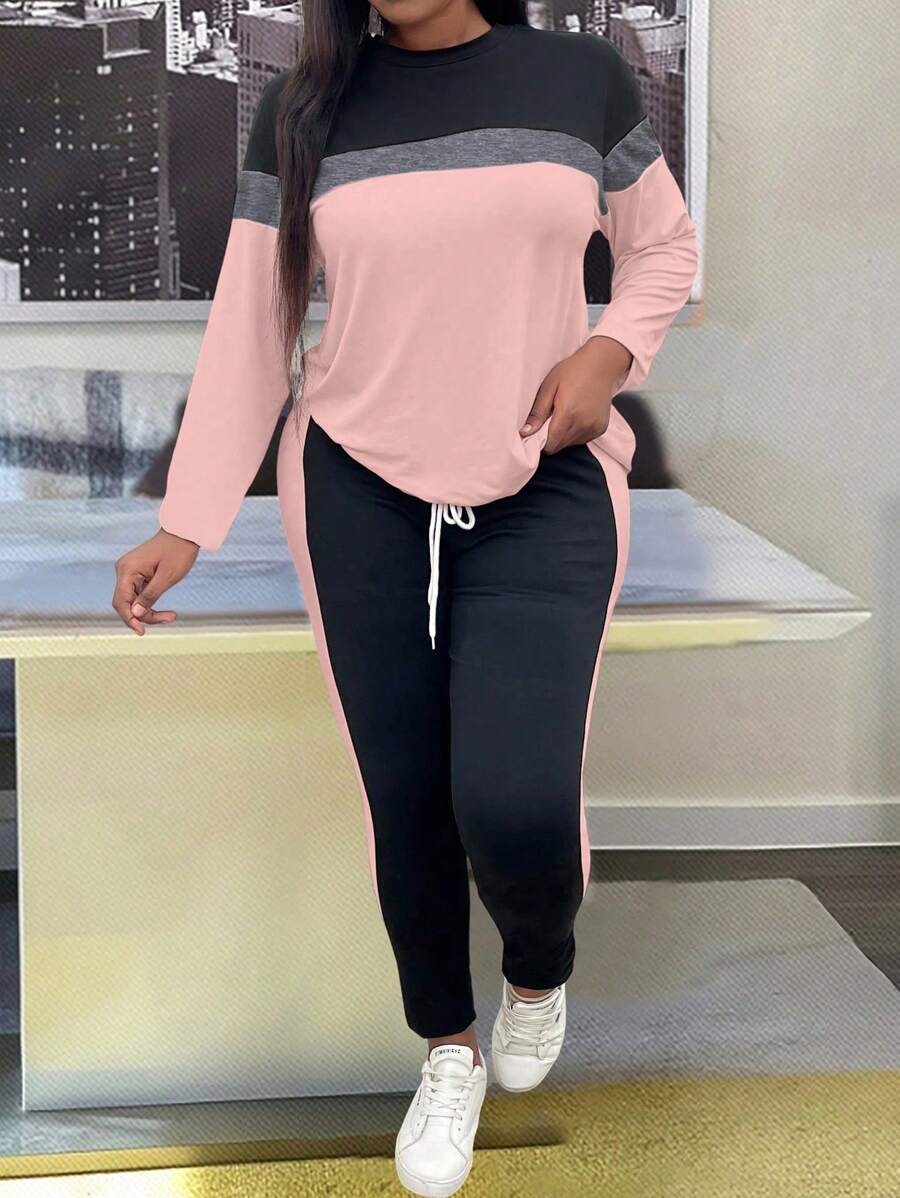 EMERY ROSE 2pcs/Set Plus Size Women Casual Sports Color Block Long Sleeve T-Shirt And Drawstring Waist Skinny Pants Outfit, Spring/Autumn Fall Cloth For Women - Multicolor - View 1