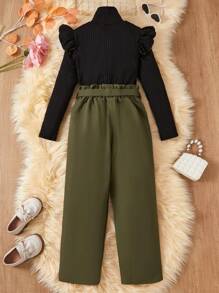 SHEIN 青少年女孩高领荷叶边长袖黑色上衣和系腰绿色裤子优雅 2 件套 - 軍綠色 - 查看 2