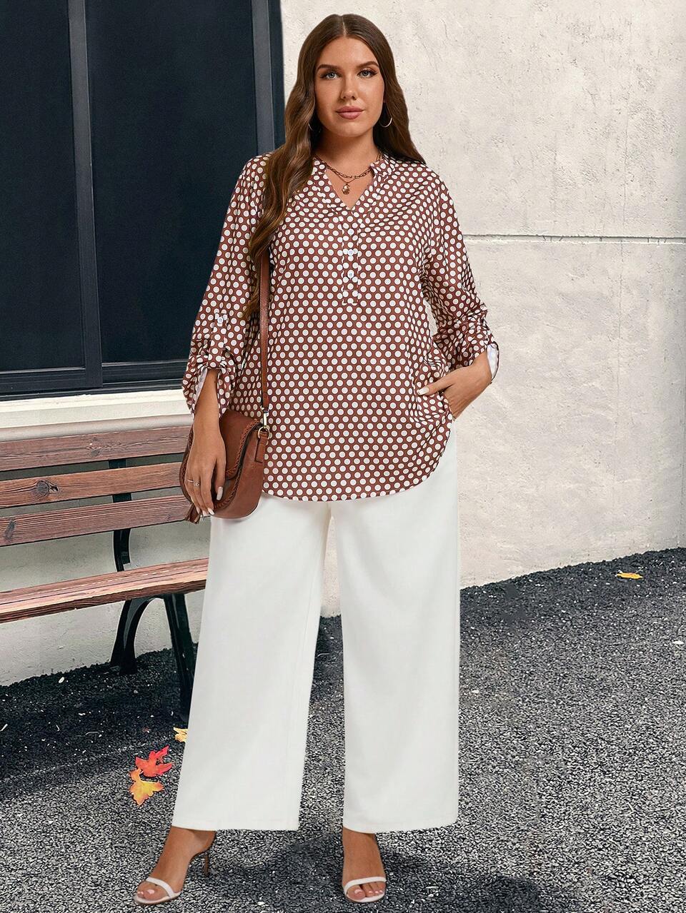 Plus Size Women's Polka Dot Print V-Neck Roll-Up Sleeve Loose Blouse,Winter Women Clothes