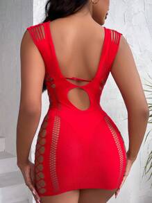 Mesh Hollow Out Bodycon Lingerie Dress Without Liner - Red - View 2