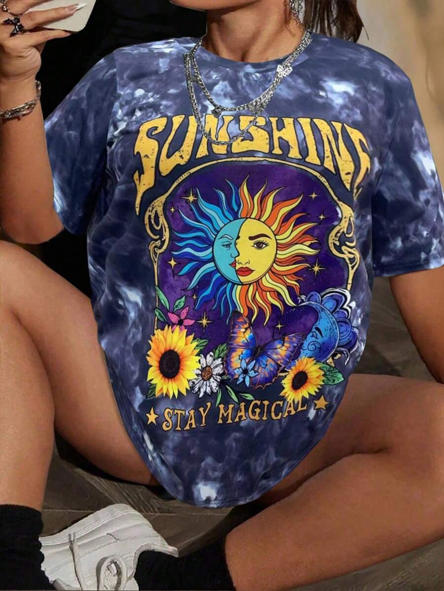 Maweii 大码时尚扎染太阳和字母印花短袖 T 恤、图案 T 恤、女式夏季上衣 - 彩色 - 查看 1