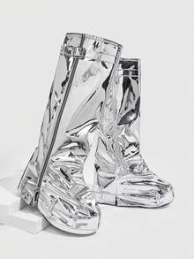 Sugerpunk 圣诞节厚底搭扣拉链朋克风靴 - 銀色 - 查看 5