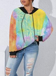SHEIN LUNE Plus Size Women Tie Dye Printed Colorblock Drop Shoulder Drawstring Sweatshirt, Casual Style For Spring/Autumn Pullover Fall Sweatshirt - Multicolor - View 6