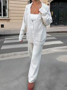 RueChic 2 Pcs Button Pearl Detail Cardigan And Pant - Beige - View 1