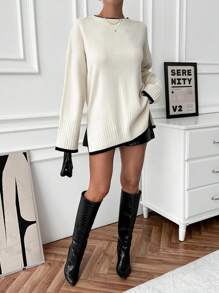 EURMUSE Women Casual Everyday Wear Contrast Trim Round Neck Split Hem Sweater, Autumn/Winter - Apricot - View 6