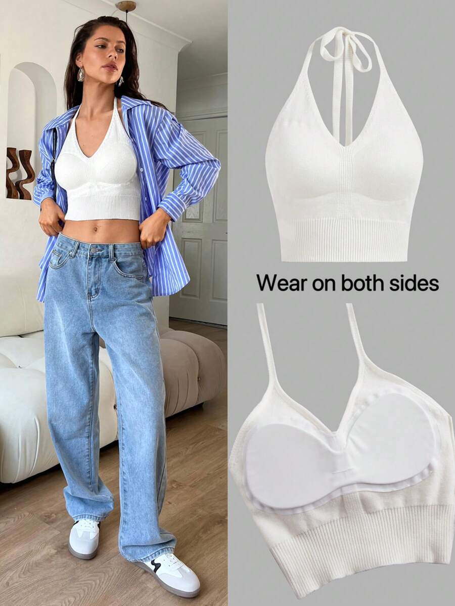 Aloruh White Sleeveless Cropped Halter Neck Knit Top With Pads - White - View 1