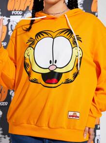 GARFIELD | SHEIN 大码街头风可爱卡通猫咪印花保暖针织面料刺绣贴片装饰宽松卫衣，冬季款 - 黃色 - 查看 4