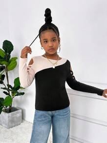 SHEIN Tween Girls Fashion Casual Knit Patchwork Long Sleeve Blouse - Multicolor - View 6