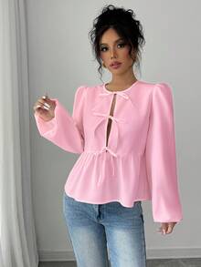 INAWLY Áo Peplum tay dài buộc nơ phía trước giản dị rộng rãi - Hồng - Xem 4