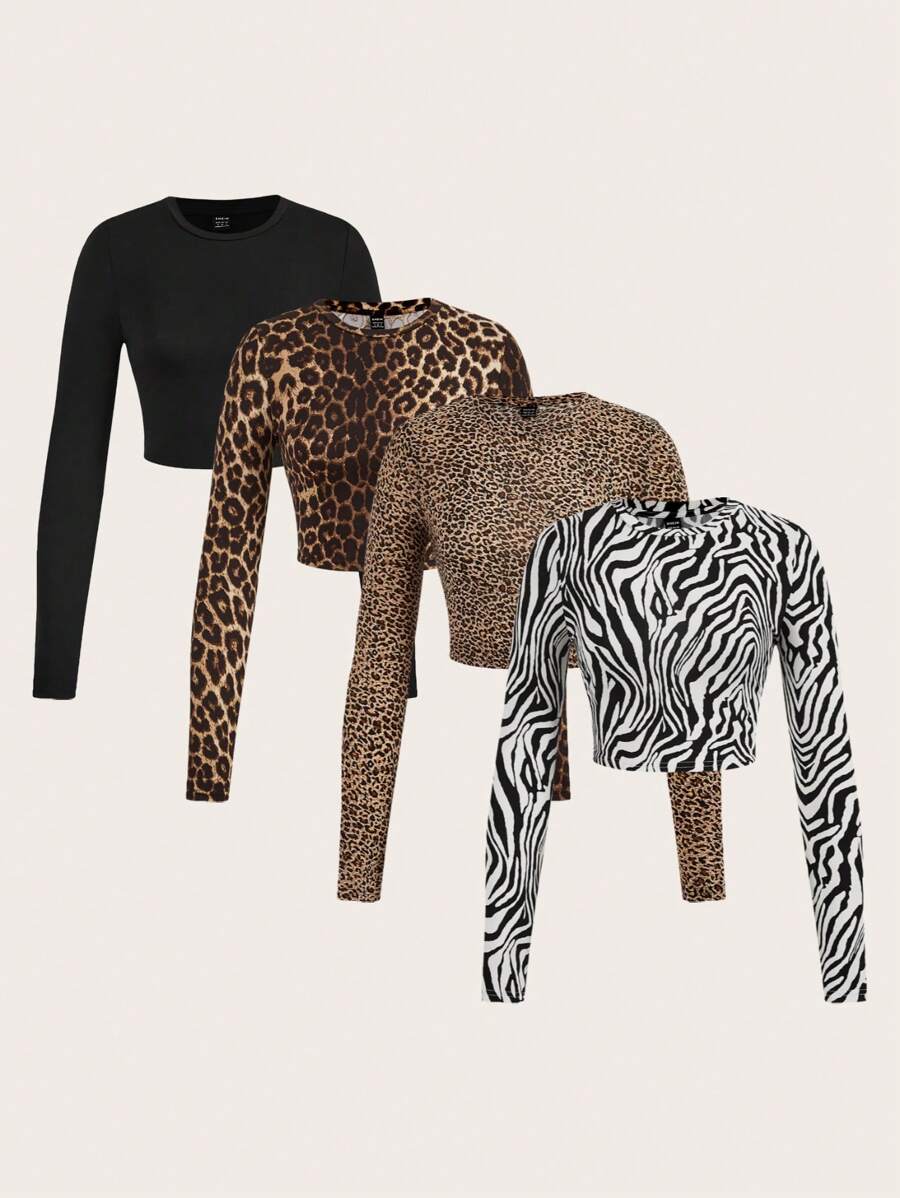 SHEIN Essnce 4 件装休闲简约图案圆领长袖短款修身女式 T 恤，春秋季 - 彩色 - 查看 1