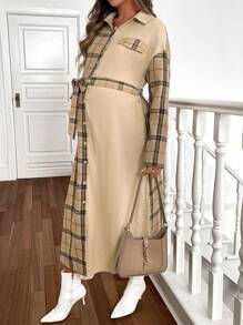 SHEIN Maternity Solid Color Splice Front Tie Front Button Long Sleeve Fake Pocket Simplistic Long Jacket, Top