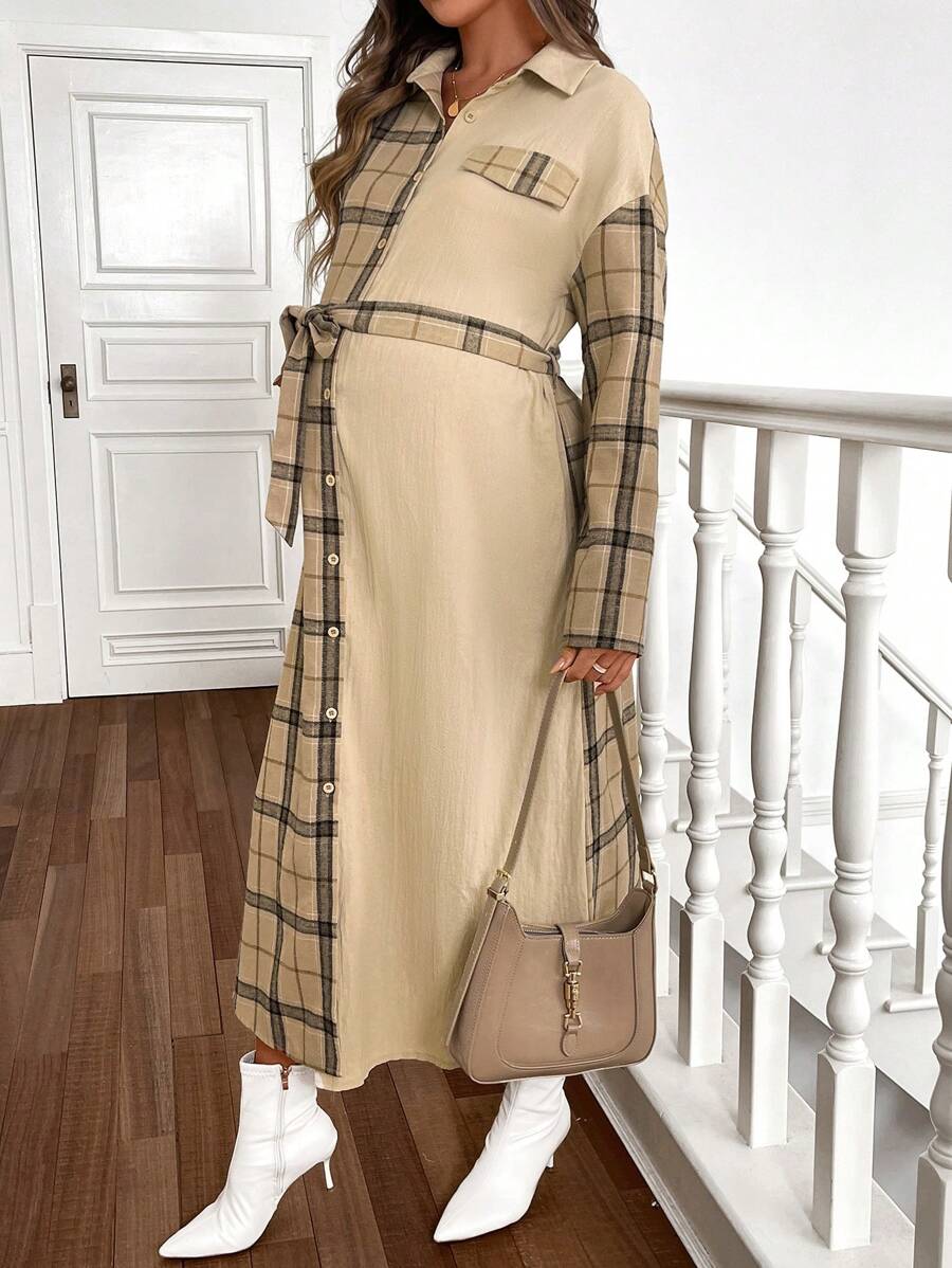 SHEIN Maternity Solid Color Splice Front Tie Front Button Long Sleeve Fake Pocket Simplistic Long Jacket, Top