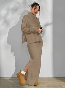 Flirla Set da 2 pezzi di maglione casual in maglia a collo alto con maniche lunghe e gonna midi con orlo spaccato