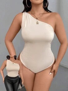 Celure 大码纯色斜肩无袖连身裤，休闲日常穿着 - 杏色 - 查看 1