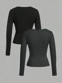 SHEIN EZwear 女款 2 件組方領修身長袖休閒 T 恤套裝，適合春、秋、冬季節 - 彩色 - 查看 2