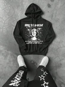 PAVTROS Manfinity Streetrush 2pcs Men's Casual Slogan Print Hoodie And Drawstring Waist Printed Star & Letter Sweatpants Set - Black - View 1