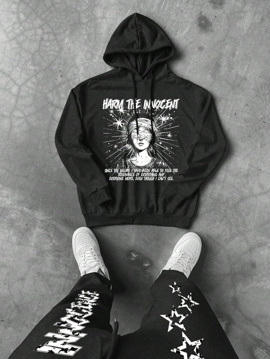 PAVTROS Manfinity Streetrush 2pcs Men's Casual Slogan Print Hoodie And Drawstring Waist Printed Star & Letter Sweatpants Set - Black - View 1