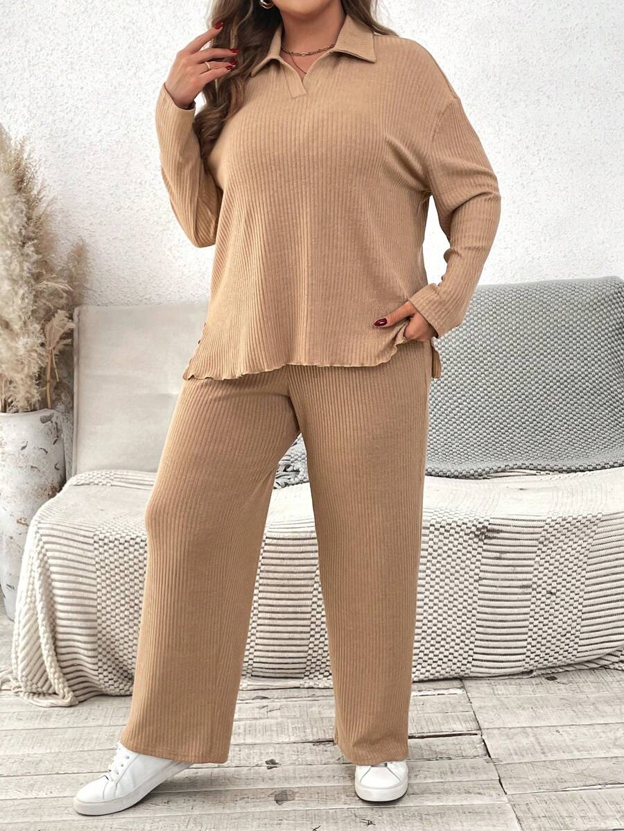 SHEIN VCAY 2pcs Plus Size Women Casual Solid Color Turndown Collar Drop Shoulder Long Sleeve Top And Pants Set, Autumn