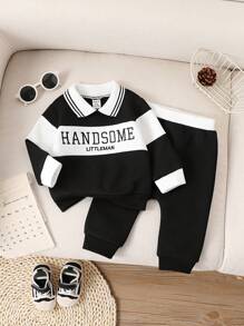SHEIN Playful Pals 男婴休闲拼色字母刺绣马球领运动衫和运动裤套装，可爱时尚学院风格，适合秋冬穿着、郊游、摄影、派对等。 - 黑色 - 查看 1