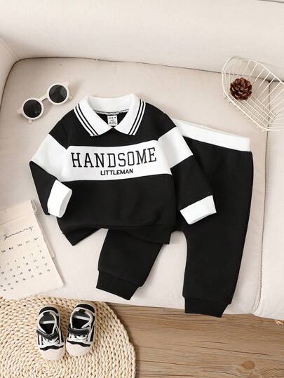 SHEIN Playful Pals 男婴休闲拼色字母刺绣马球领运动衫和运动裤套装，可爱时尚学院风格，适合秋冬穿着、郊游、摄影、派对等。