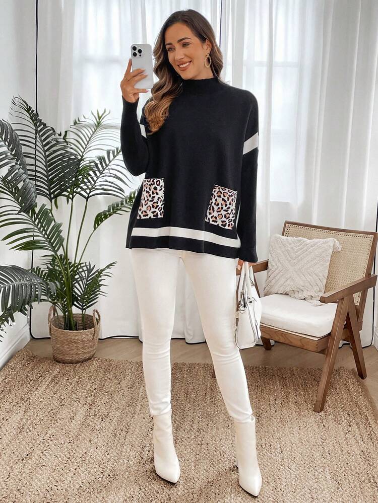 Women's Leopard Print Pocket High Collar Contrast Color Knit Sweater Winter