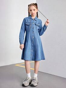 Vestido vaquero azul desteñido con pliegues y vuelo, diseño minimalista y de moda, adecuado para uso diario, para niñas preadolescentes