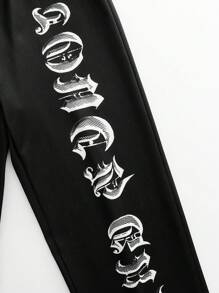 SHEIN Explorewe 青少年女孩哥特式风格字母印花保暖衬里阔腿运动裤，时尚街头服饰暗黑风格 - 黑色 - 查看 5
