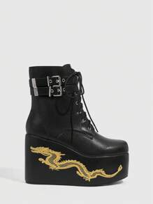 Sugerpunk 女士圆头坡跟厚底刺绣装饰黑色 PU 鞋面时尚潮流舒适日常活动侧拉链靴子适合圣诞节和新年假期 - 黑色 - 查看 3