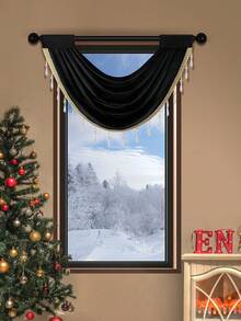 1 tấm rèm hạt hình giọt nước màu đen, làm bằng vải nhung Ý, rèm cửa phong cách Châu Âu, thiết kế đơn giản thanh lịch thích hợp cho sự kiện sân khấu, trang trí cửa sổ và cửa ra vào phòng khách, phòng ngủ - màu đen - Xem 2