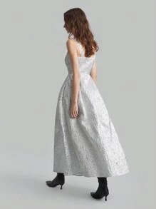 Ontre Women Silver Pleated Long Dress, Elegant For Christmas Party & Events, Winter