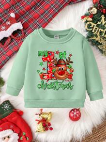 Christmas Baby Girl Cute Reindeer & Letter Print Sweatshirt, Suitable For Christmas Party, Autumn/Winter. (Family Matching Outfits Mommy And Me - 3 Pieces Are Sold Separately) - Olive Green - View 3