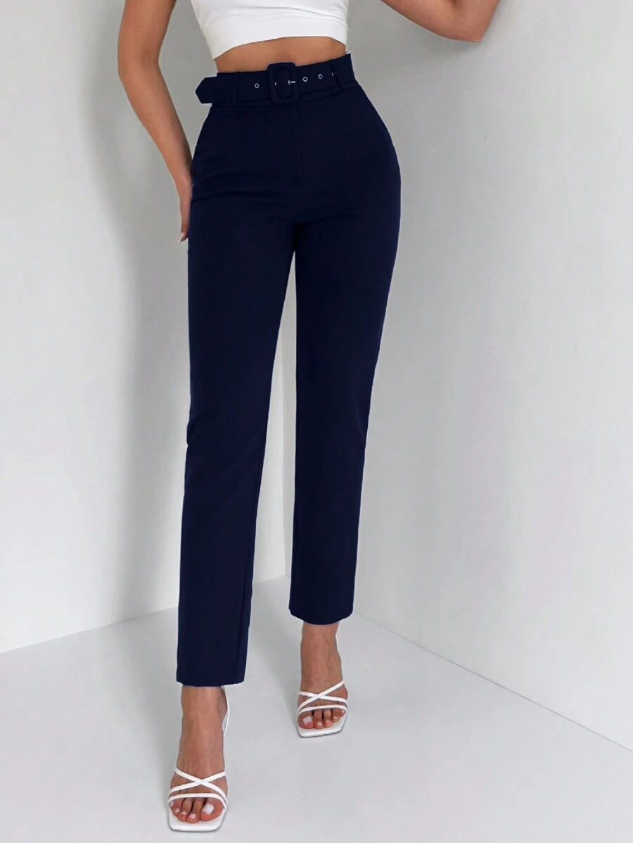 EURMUSE Women's Straight Leg Elegant Dress Pants With Waist Button & Eyelet Design - Navy Blue - View 1